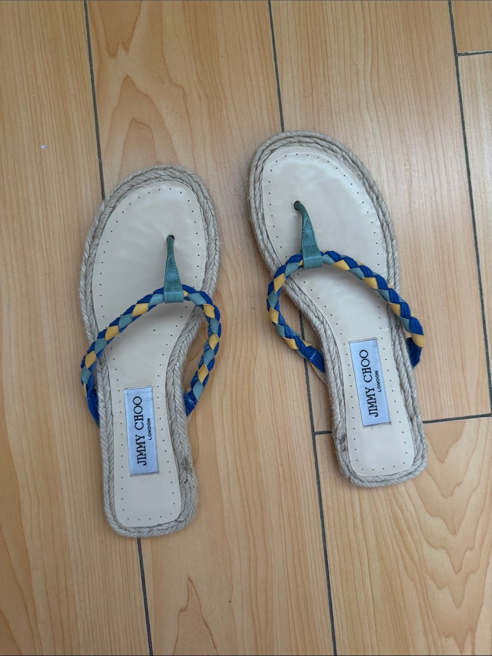 Jimmy Choo Blue and Yellow Braided Espadrille Flip Flops